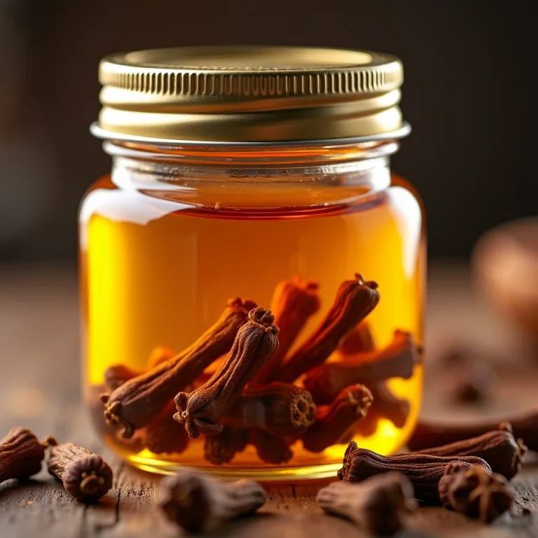 Cravos-da-índia infundidos em mel em um frasco de vidro transparente.