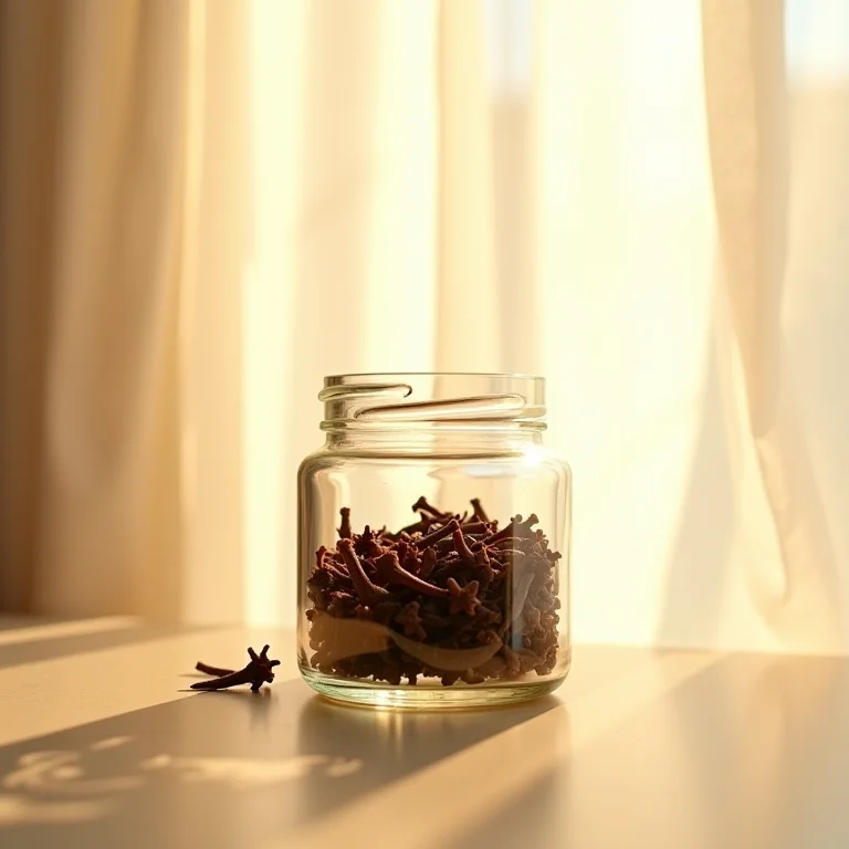 Cravos-da-índia protegidos da luz solar em um frasco de vidro.