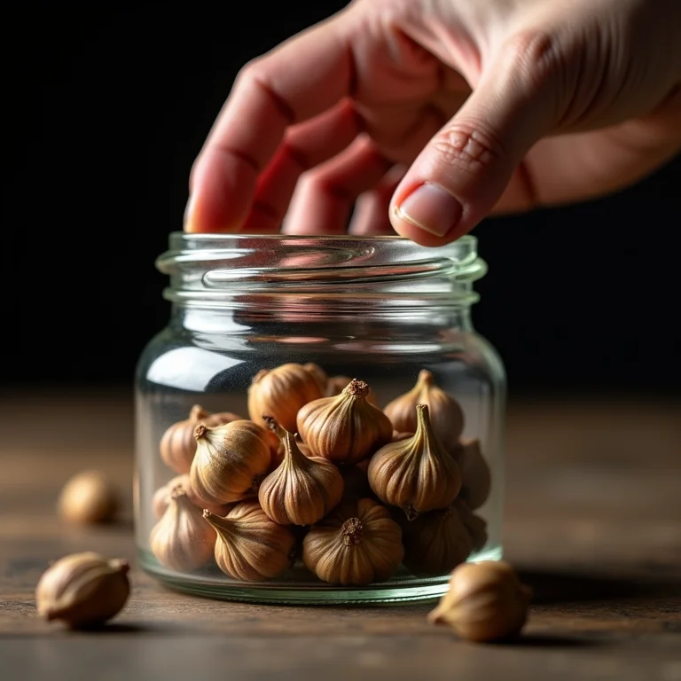 Cravos-da-índia sendo armazenados em um recipiente de vidro hermético.