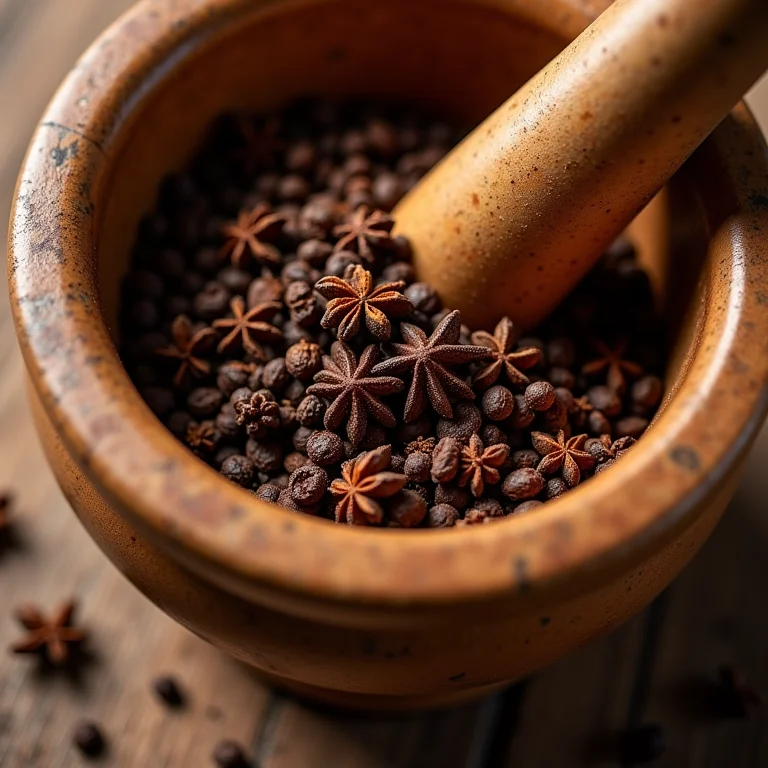 Cravos-da-índia sendo moídos em um pilão.