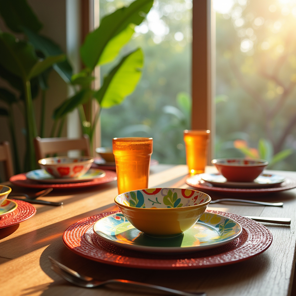 Creative table setting with colorful tableware, Brazilian design, natural light, 8K, lifestyle Mesa de jantar criativa com louças coloridas.