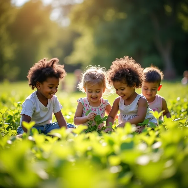 Crianças brincando perto de plantas de urtiga em um jardim ensolarado