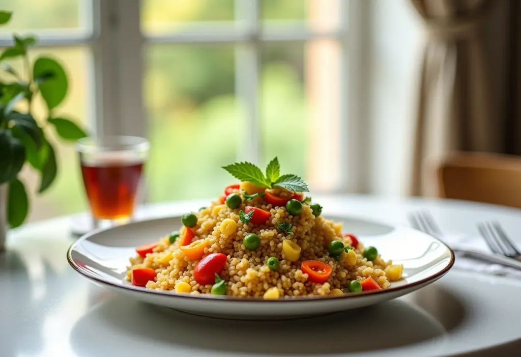 Cuscuz de arroz servido em uma mesa bem decorada.