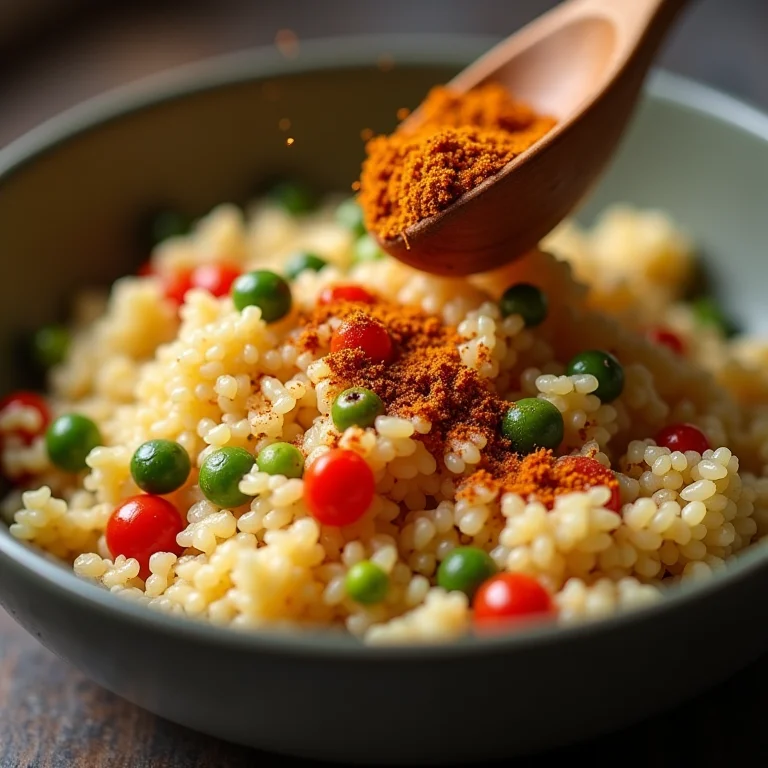 Cuscuz sendo preparado em uma tigela com arroz, vegetais e especiarias.