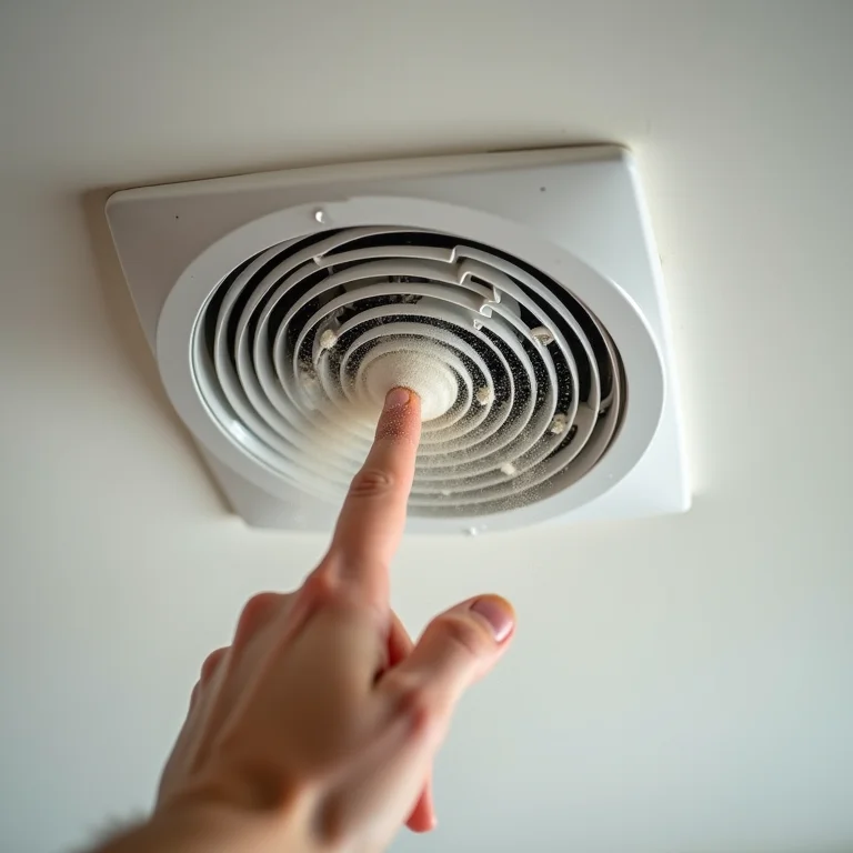 Dedo apontando para a poeira acumulada em um exaustor de banheiro.