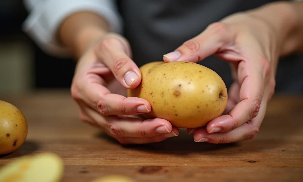 Dedos pressionando suavemente uma batata firme para verificar sua textura.