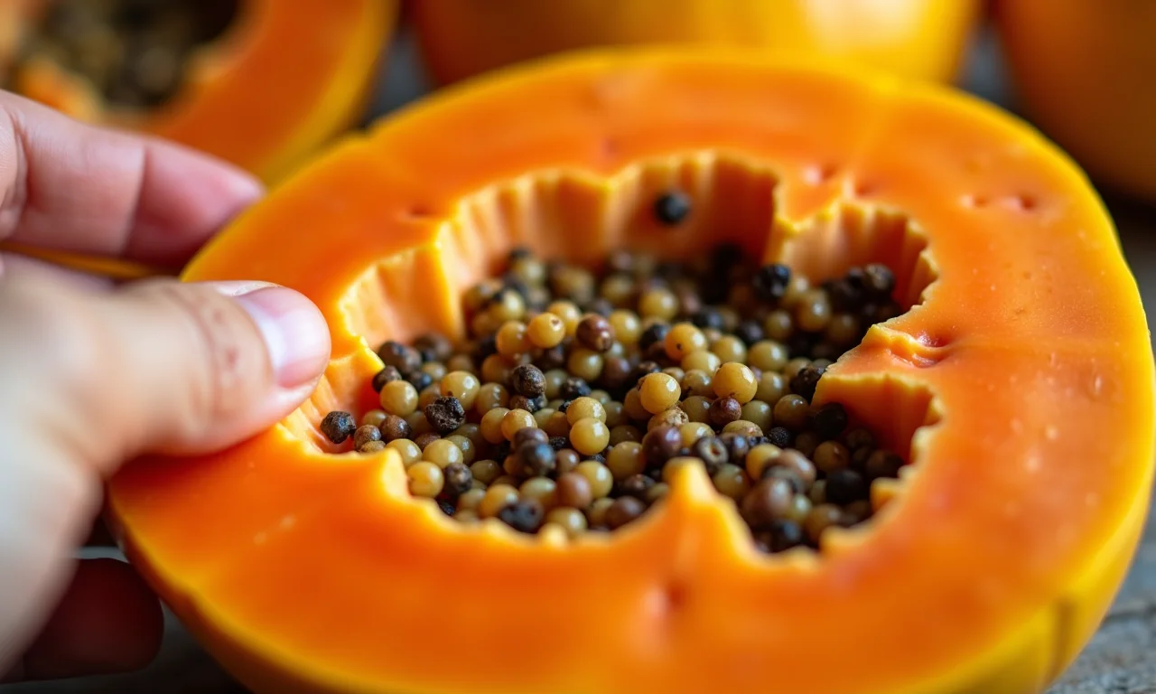 Detalhe da casca do mamão, mostrando sua textura e variações de cor.