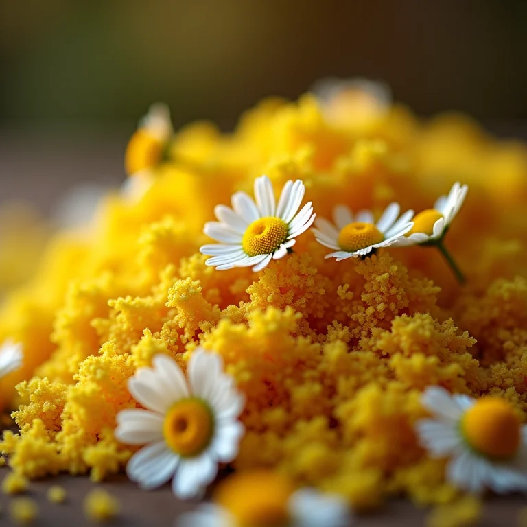 Detalhe das flores de camomila como ingrediente culinário