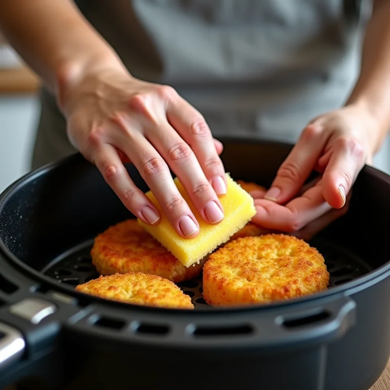 Detalhe das mãos limpando uma air fryer, enfatizando a remoção da gordura.