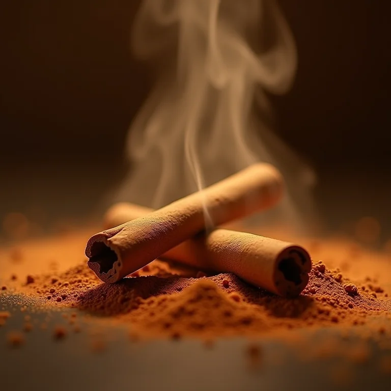 Detalhe de canela em pau e pó com vapor, representando a melhora na digestão.