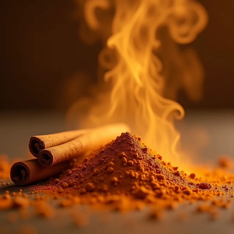 Detalhe de canela em pau e pó com vapor.