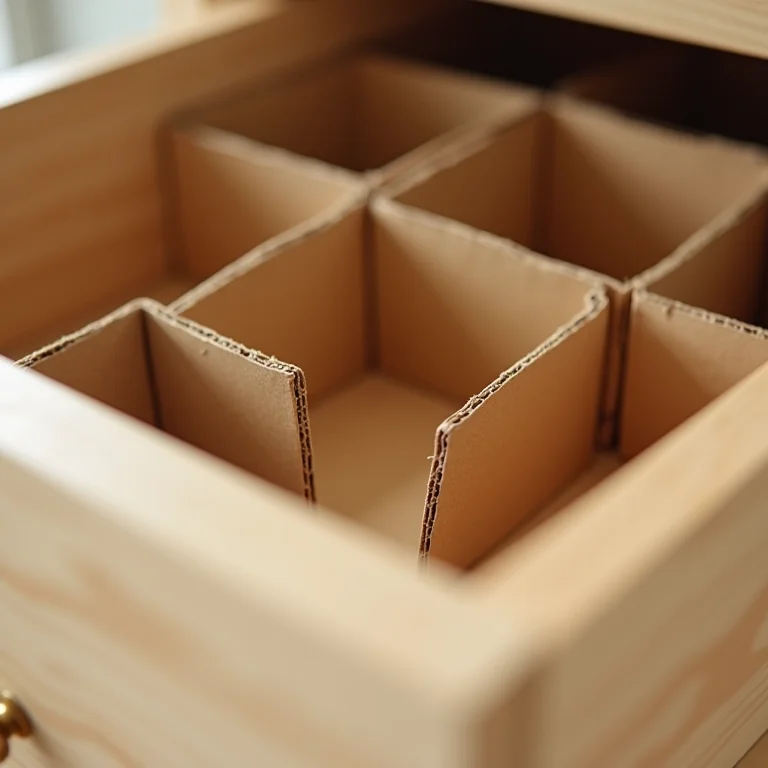 Detalhe de organizadores de papelão em gaveta