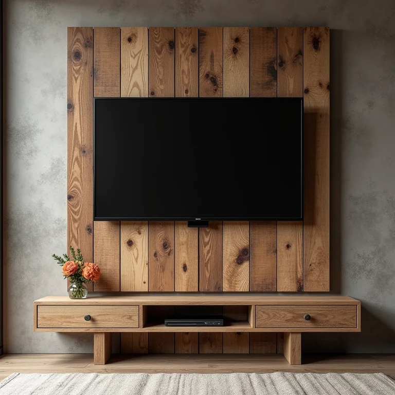 Detalhe de painel de TV rústico feito com pallets