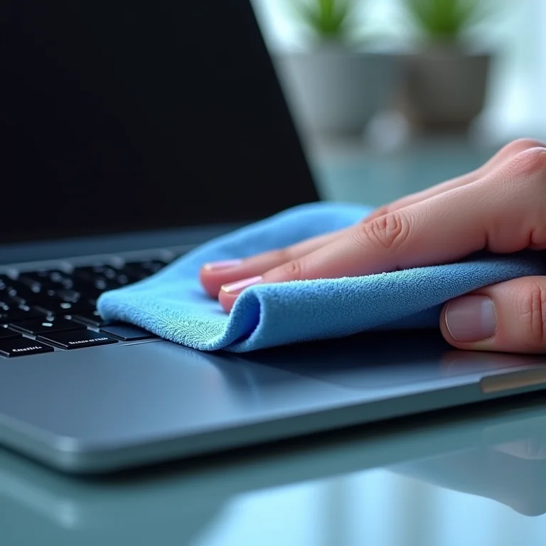 Detalhe de um pano de microfibra limpando a tela de um notebook.