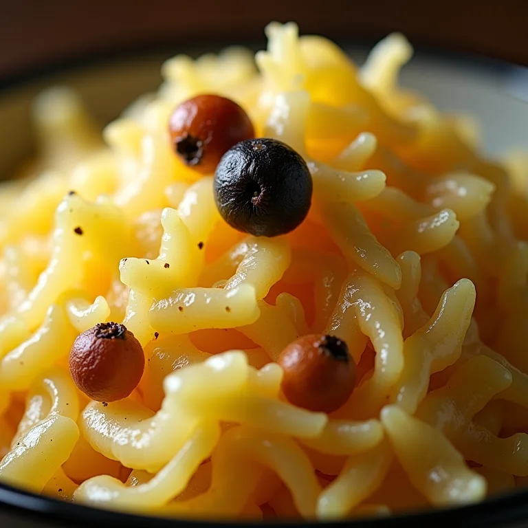 Detalhe do chucrute com zimbro realçando o sabor.