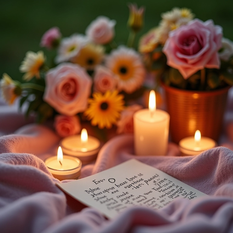 Detalhes românticos de um piquenique: flores, velas e bilhetes de amor.