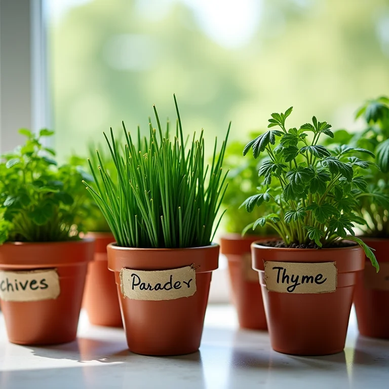 Diferentes temperos em vasos (cebolinha, salsinha, tomilho) etiquetados com tags manuscritas.