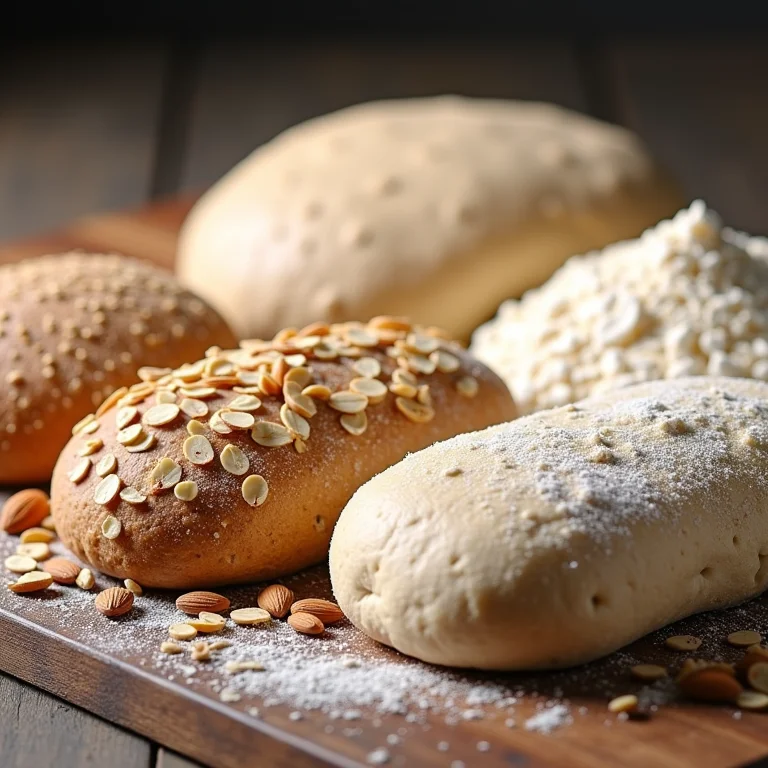 Diferentes tipos de farinha ao lado da massa de pizza com aveia