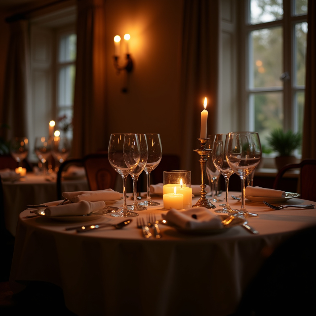 Dining room with soft lighting, candles, intimate atmosphere, natural light, 8K, commercial Iluminação aconchegante em mesa de jantar.