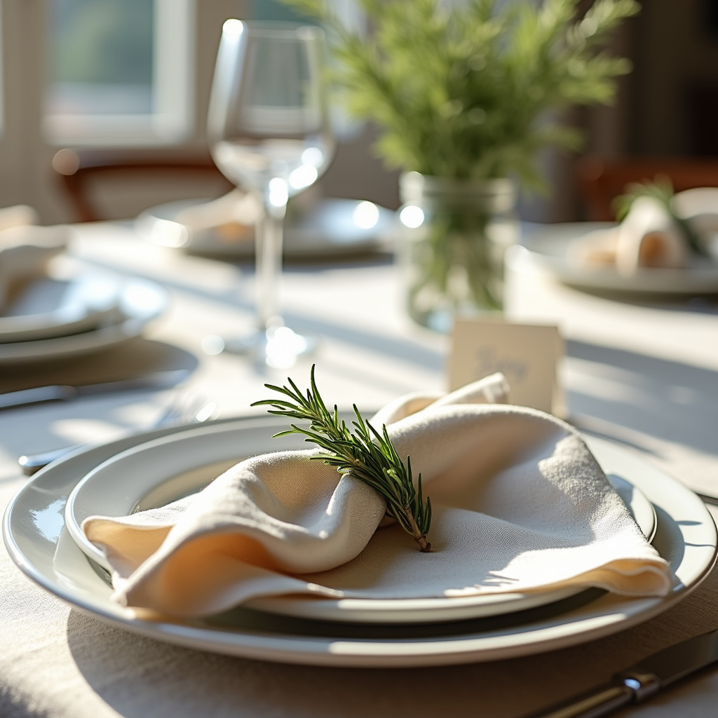 Dining table with fabric napkins, place cards, rosemary sprigs, natural light, 8K, lifestyle Mesa de jantar com guardanapos de tecido e marcadores de lugar.