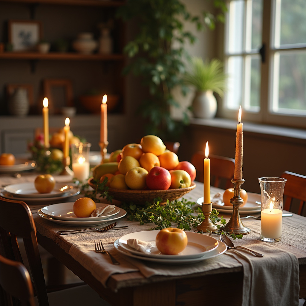 Dining table with fruit arrangement, candles, rustic style, natural lighting, 8K, lifestyle Arranjo de mesa criativo com frutas e velas.