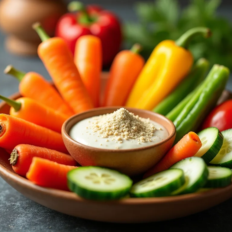 Dip de legumes crocantes com molho tártaro em pó.