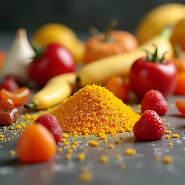 Diversos aditivos químicos artificiais espalhados sobre uma mesa, representando os perigos ocultos.