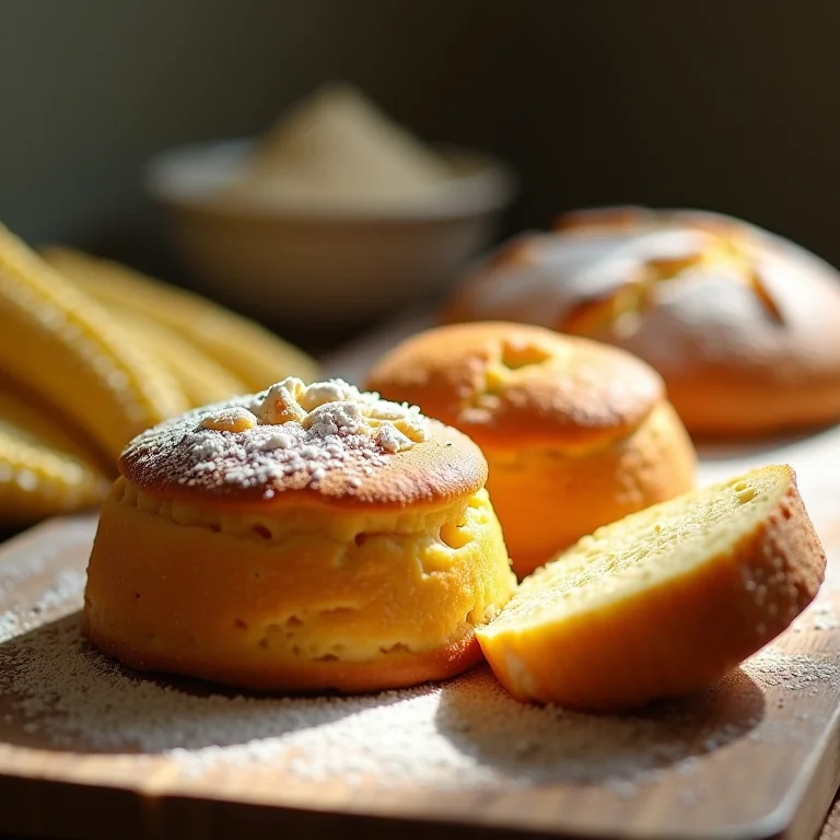 Diversos pratos feitos com farinha de milho, como bolos e pães.