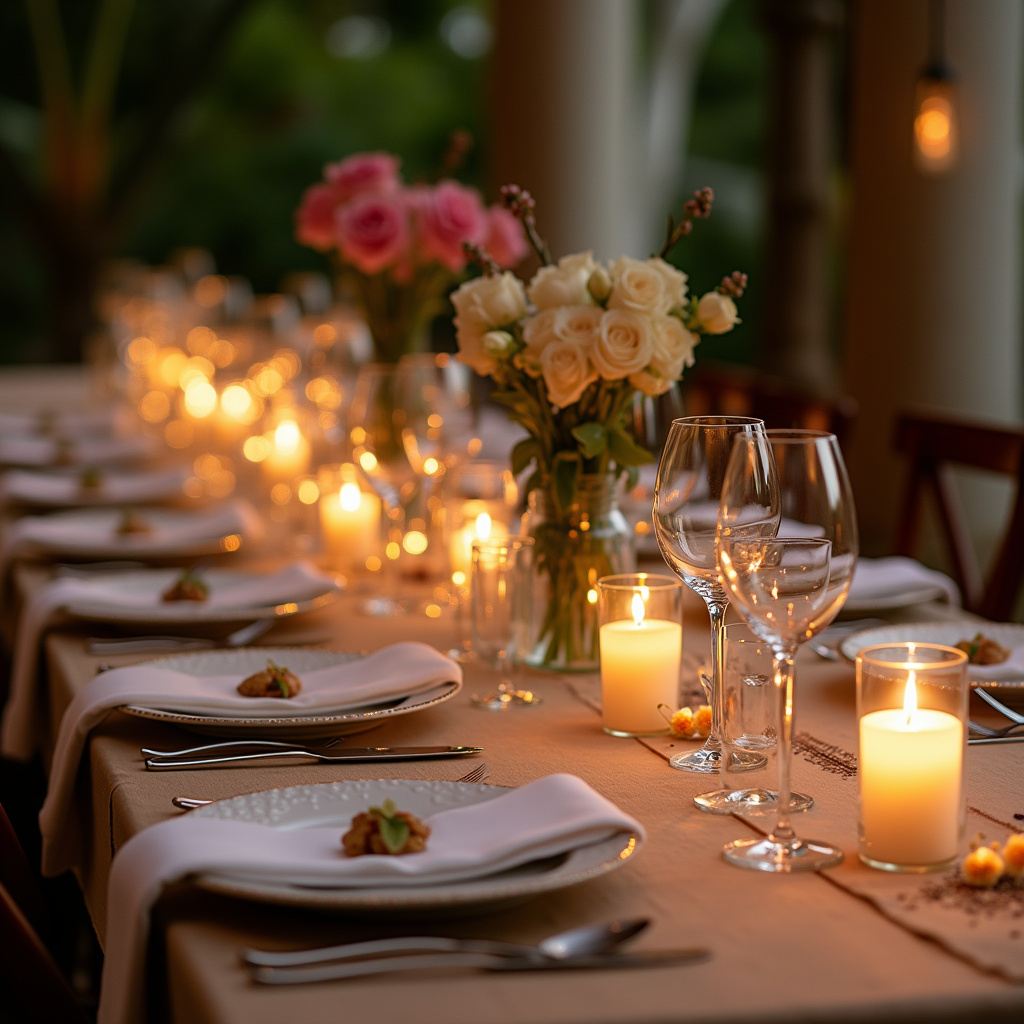 Elegant dining table setup for a special dinner. Brazilian style, natural lighting, flowers, Mesa de jantar elegante decorada para um jantar especial.