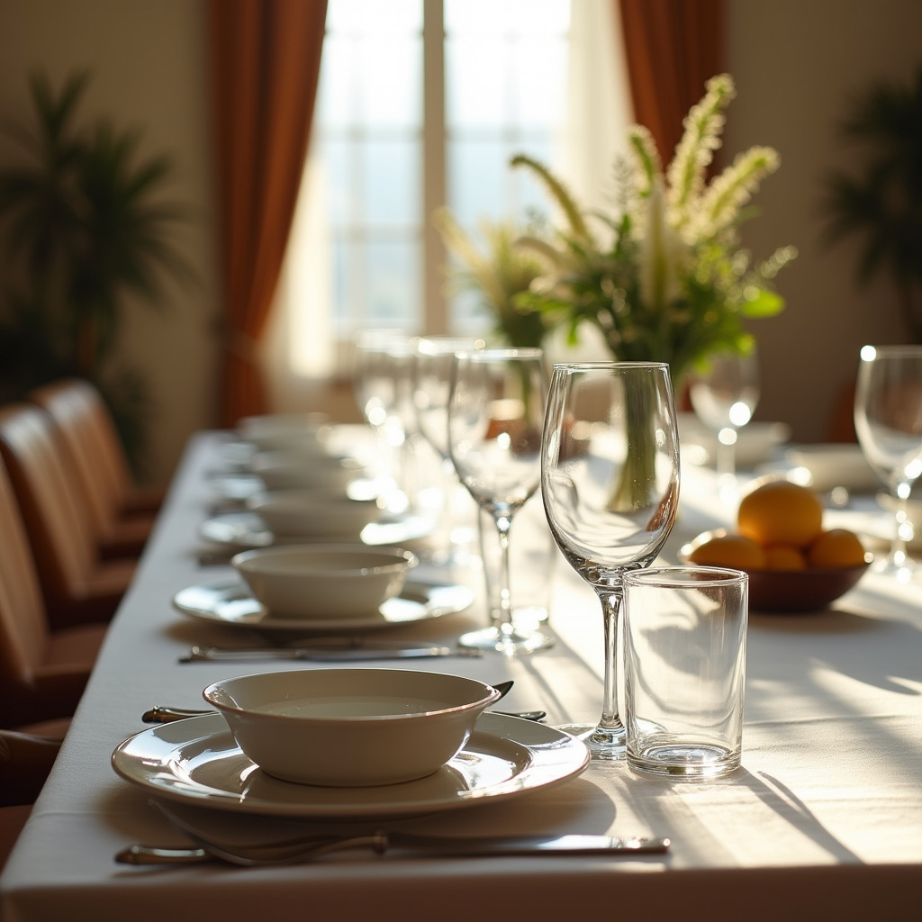 Elegant table setting, correct etiquette, organized, natural light, 8K, commercial photography, Organização e etiqueta à mesa para um jantar impecável.