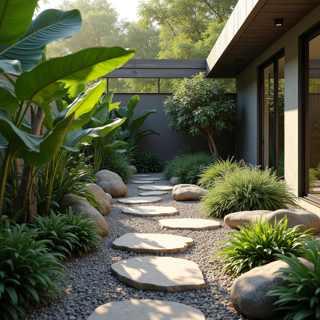 Jardim de inverno elegante com pedras decorativas.