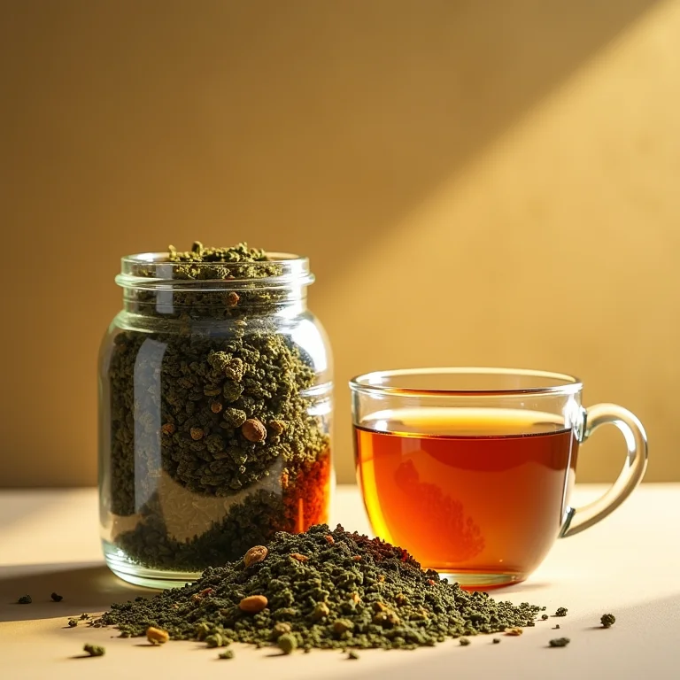 Erva de cavalinha seca em um frasco de vidro ao lado de uma xícara de chá.