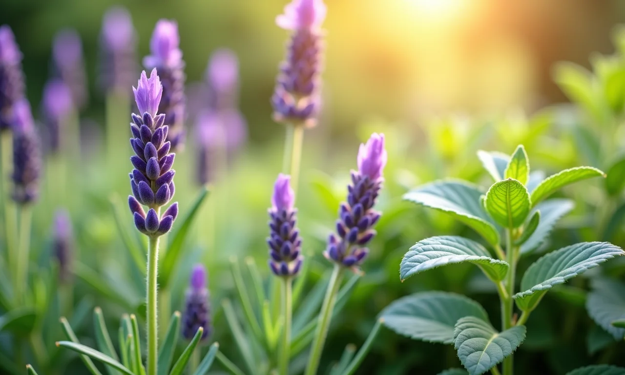 Ervas aromáticas no jardim sensorial: lavanda, alecrim e hortelã.