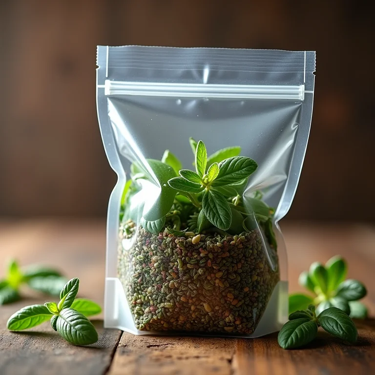 Ervas de Provence armazenadas em saco plástico dentro de um recipiente hermético.