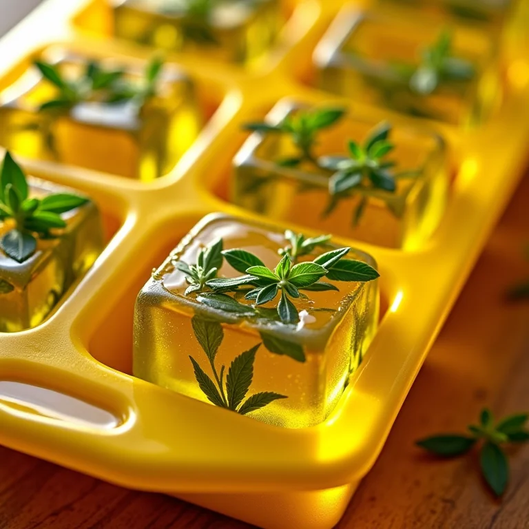 Ervas de Provence congeladas em manteiga derretida em formas de gelo.