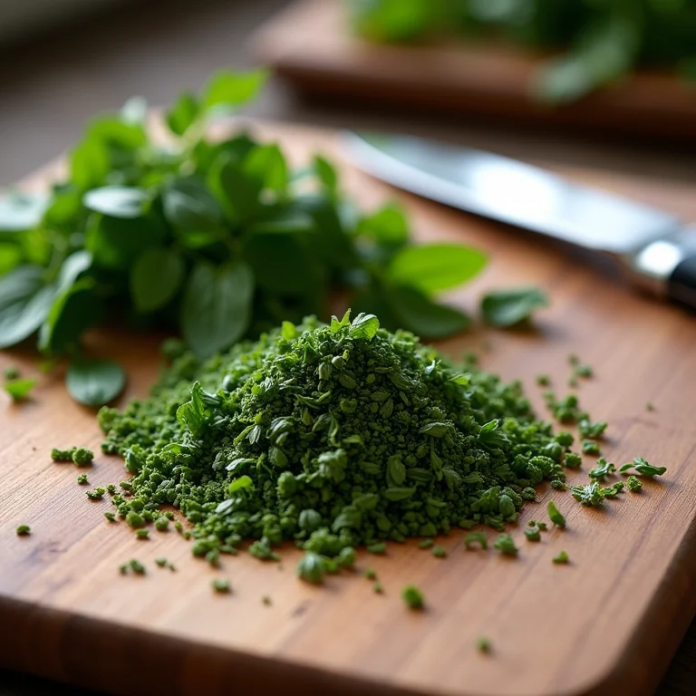 Ervas de Provence picadas em uma tábua de madeira.