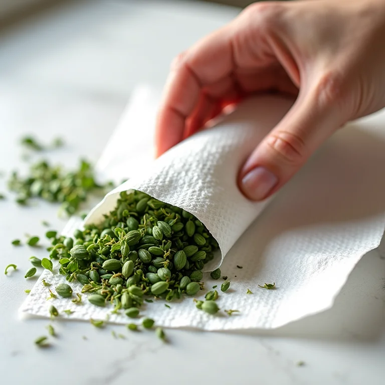 Ervas de Provence sendo enroladas em papel toalha.