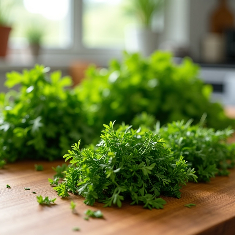 Ervas frescas picadas numa tábua de corte em cozinha ensolarada.