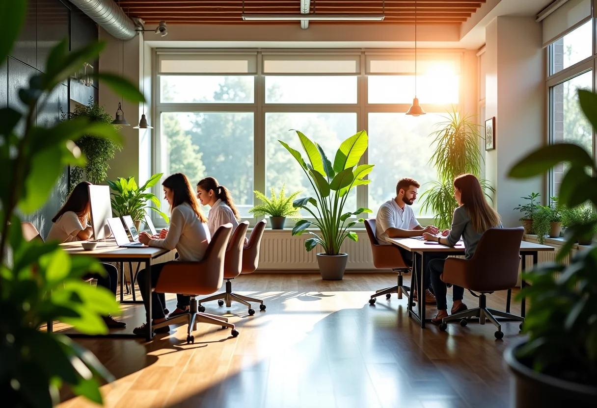 Espaços de escritório modernos com plantas que aumentam a produtividade e o bem-estar dos funcionários.