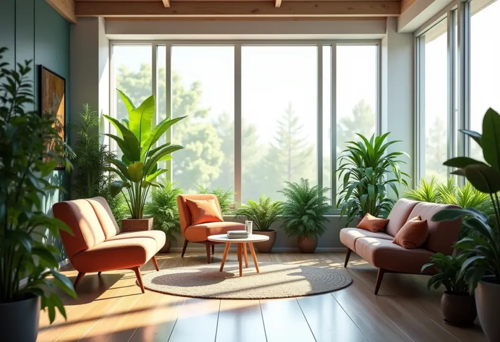 Espaços de escritório modernos e bem iluminados, repletos de plantas verdes, com luz natural entrando pelas janelas, criando uma atmosfera produtiva e criativa.