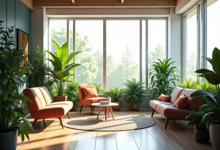 Espaços de escritório modernos e bem iluminados, repletos de plantas verdes, com luz natural entrando pelas janelas, criando uma atmosfera produtiva e criativa.