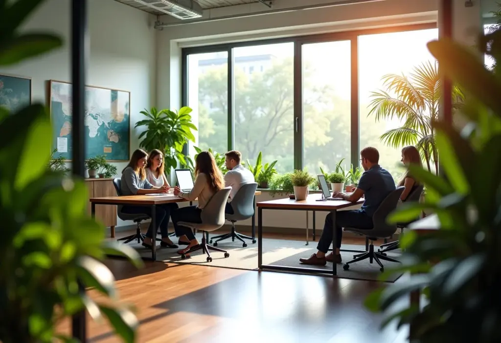 Espaços de trabalho modernos com plantas para aumentar a produtividade e bem-estar.