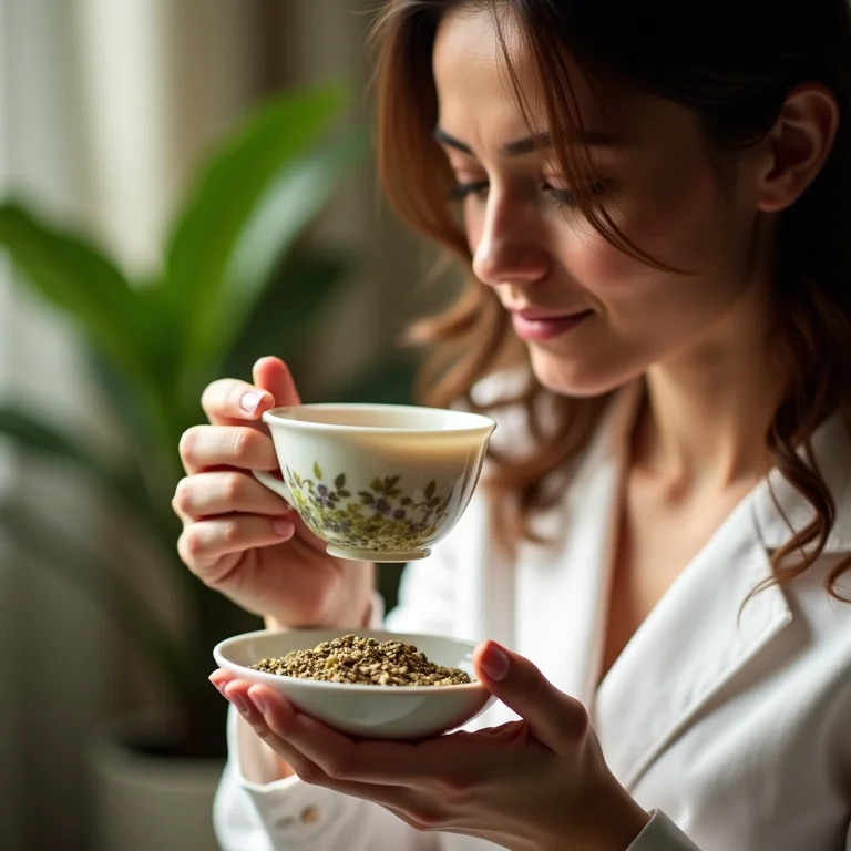 Especialista cheirando chá de jasmim.
