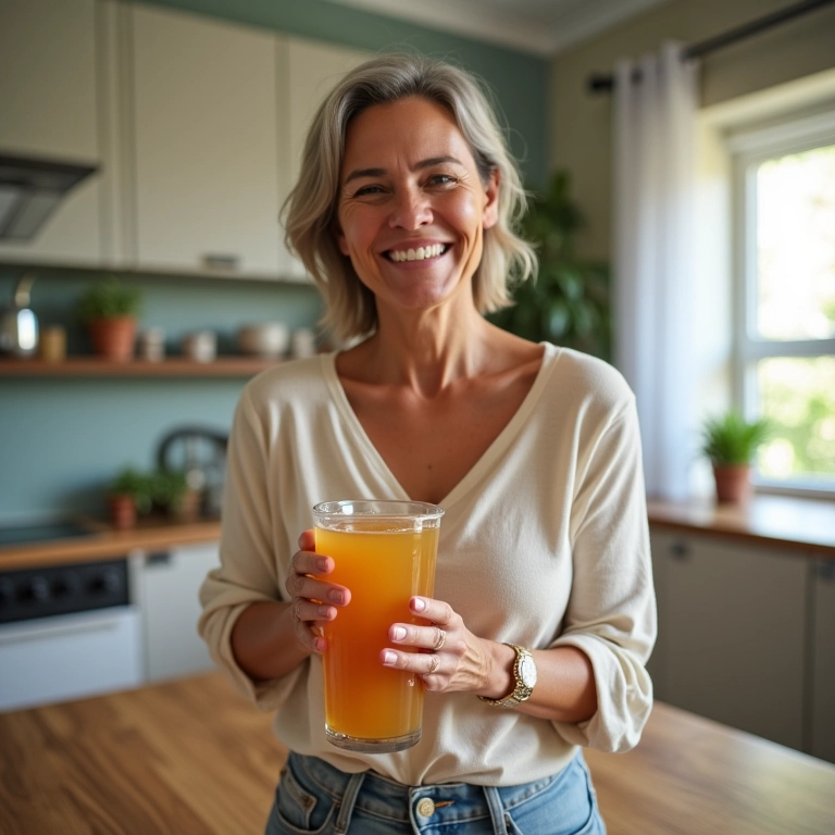 Especialista degustando Jun tea em sua cozinha.