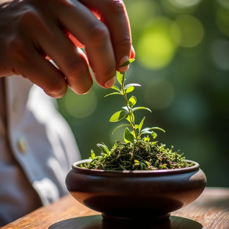 Especialista examinando folhas de chá de jasmim, demonstrando conhecimento e cuidado.
