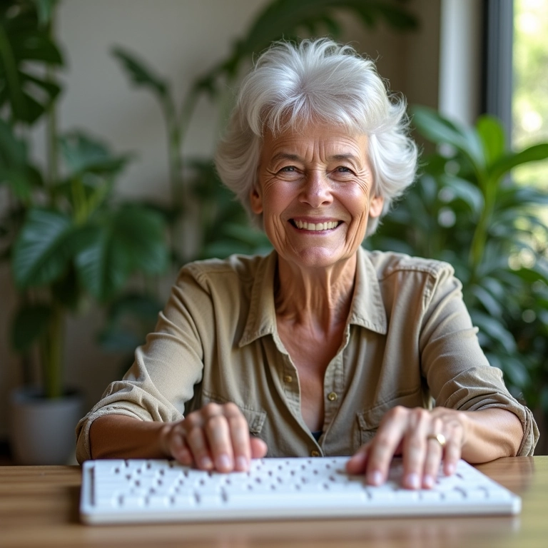 Especialista sorrindo e apontando para teclado limpo.