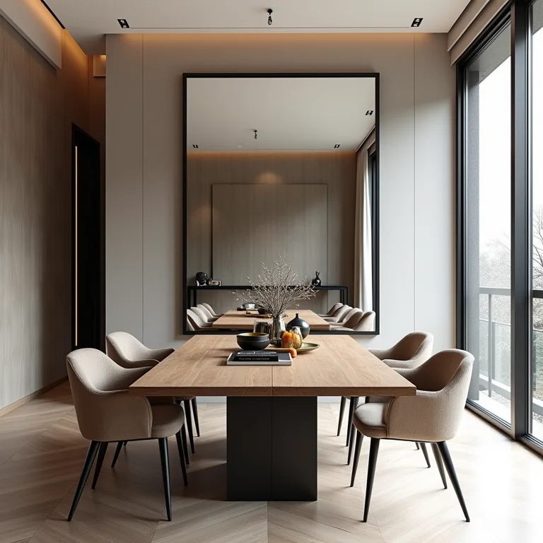 Espelho ampliando visualmente a sala de jantar