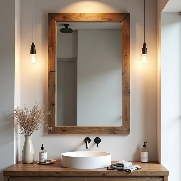 Espelho com moldura de pallet em um banheiro