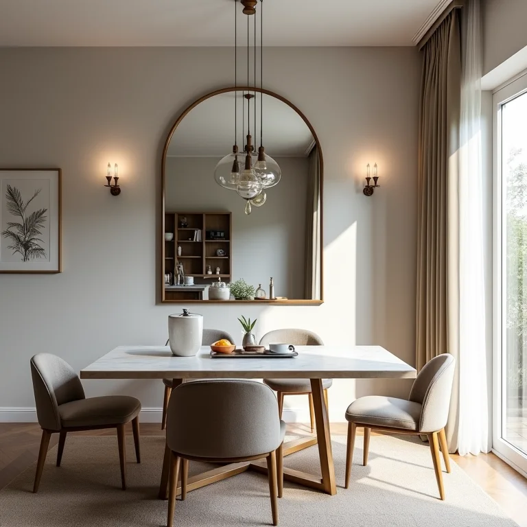 Espelho grande ampliando visualmente uma sala de jantar pequena.
