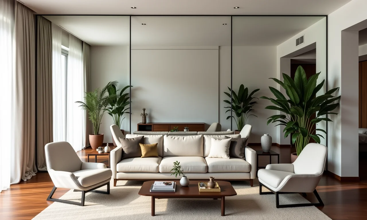 Espelho na parede inteira amplia sala instantaneamente.